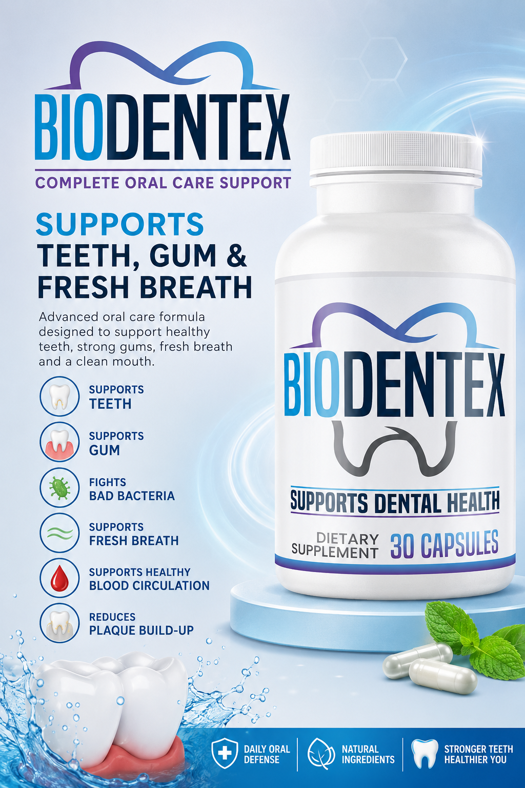 Biodentex bottle with complete oral care support benefits listed