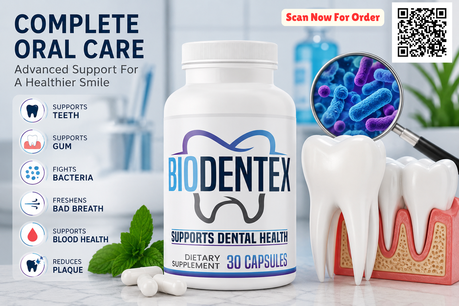 Biodentex bottle beside a dental model showing complete oral care support