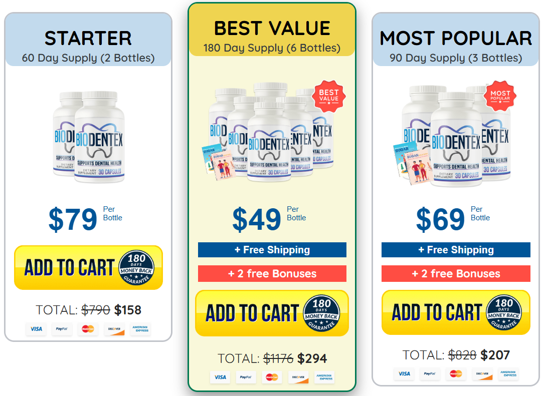 Biodentex pricing packages: starter 2-bottle, best value 6-bottle, and most popular 3-bottle supply